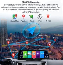 Dashcam voor Auto - 10” Android 8.1 Dashcam - IPS Touchscreen - ADAS Rijhulp - GPS Navigatie - WiFi - Dual Camera 1080P - Parkeermodus - G-Sensor - 4G 6m Camera aan de Achterkant - Zwart — thumbnail 3