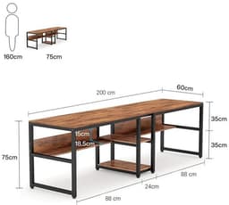 Van Elmont Bureau - Dubbel Lang Bureau voor twee personen met opbergruimte - Computerbureau - Computertafel - Metaal / Hout - Industrieel Design - Bureautafel voor Thuiskantoor - Bruin - 60 x 200 x 75 cm - voor Gamen - Studeren en Werken — thumbnail 2