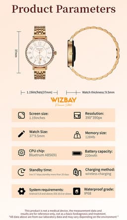 WizBay Premium Select® Smart Fitness Bracelet 1.19 Inch AMOLED – Bluetooth Bellen – FitCloudPro – Hartslag & Slaapmonitoring – AI Voice – 24 Sportmodi – Dames Smartwatch Goud — thumbnail 2
