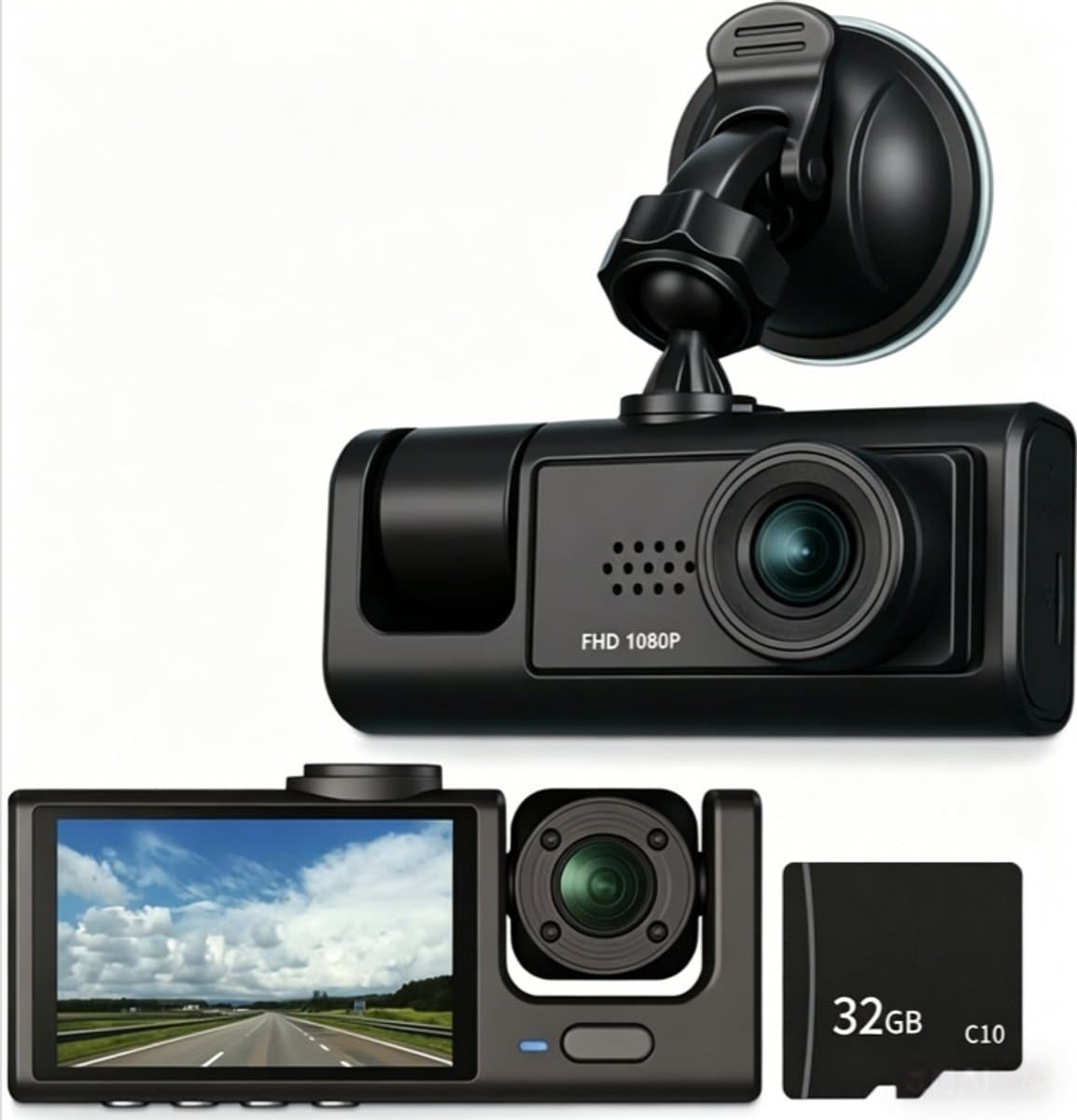 Driecamera-dashcam - WiFi - 170° groothoek - drie camera's (voor, binnen en achter) - Full HD - 2-inch scherm - Nachtzicht en botsingsdetectie - Cyclische opname - Achteruitrijcamera - inclusief 32 GB SD-kaart — afbeelding 1