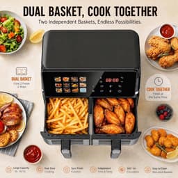 Dubbele Airfryer - Heteluchtfriteuse - Familie Maaltijden - Sync Functie - 10L Inhoud - Zwart — thumbnail 2