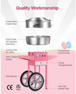 Velori Suikerspinmachine met Kar Roze 1000W - Professionele Cotton Candy Machine - 6 Suikerspinnen per Minuut - Temperatuurregeling - Feest Evenement Kermis — thumbnail 4
