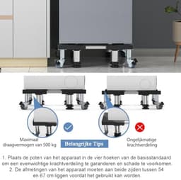 Verstelbaar onderstel voor wasmachine, droger en koelkast – roestvrijstalen platform met 4 poten en 4 wielen, 54,5-67 cm instelbaar, 500 kg draagvermogen — thumbnail 3