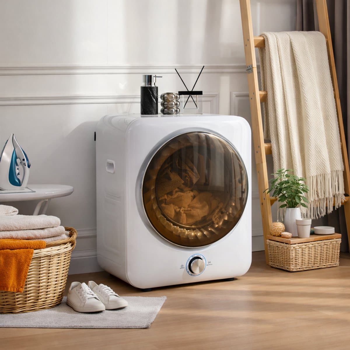 Re-purelife® mini wasdroger 3 kg met 8 programma's - compacte luchtafvoerdroger van staal en ABS - wandmontage mogelijk met dubbel filter en NTC-sensor - modern design - wit - 53,5 × 42 × 65 cm — afbeelding 1
