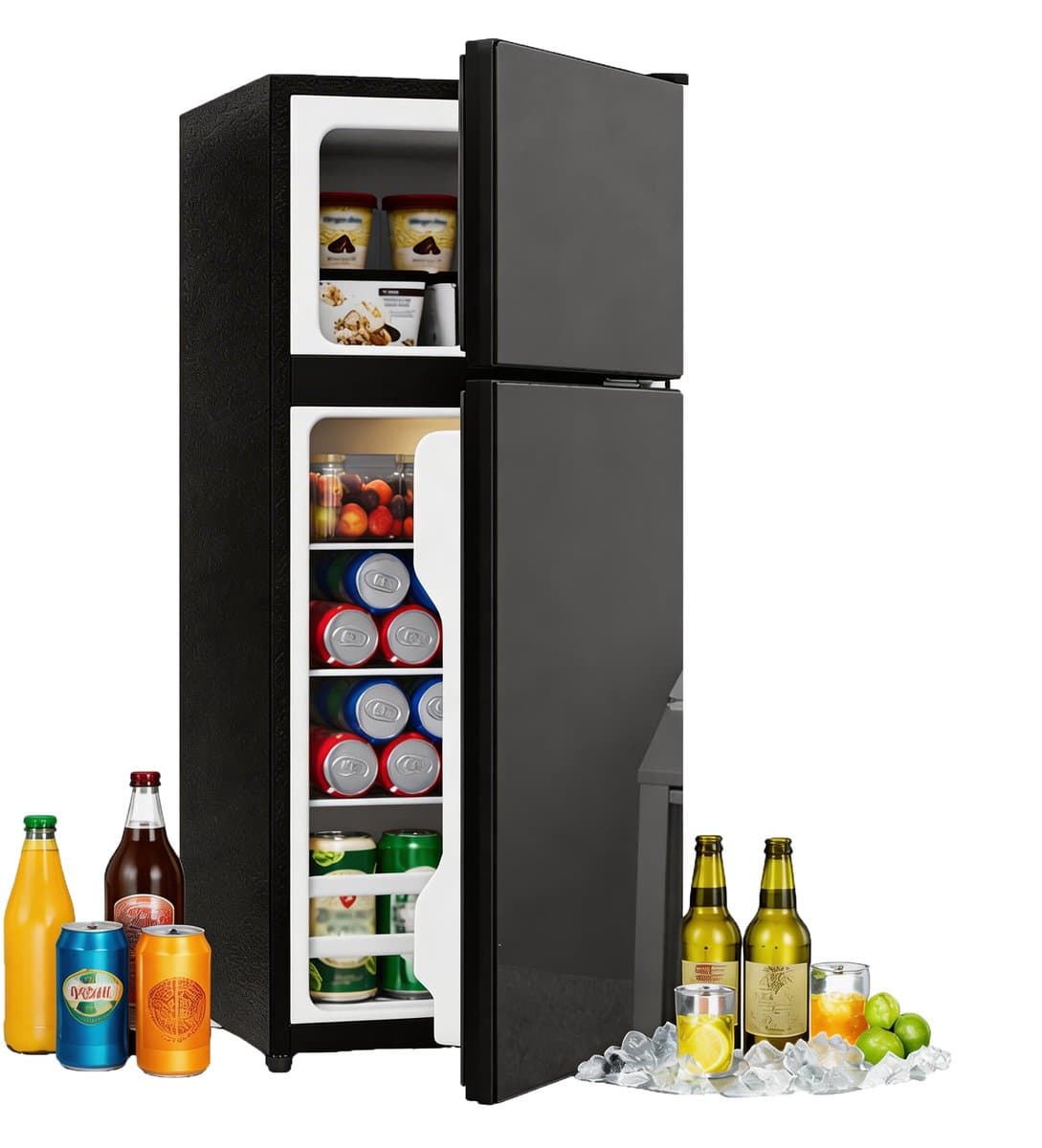 Minikoelkast met vriesvak 92 liter – 2-in-1 – Glazen deur met LED-verlichting – Stil bedrijf 45 dB – Voor keuken, kantoor en studentenkamers – 42,5 x 42,5 x 102 cm — afbeelding 1