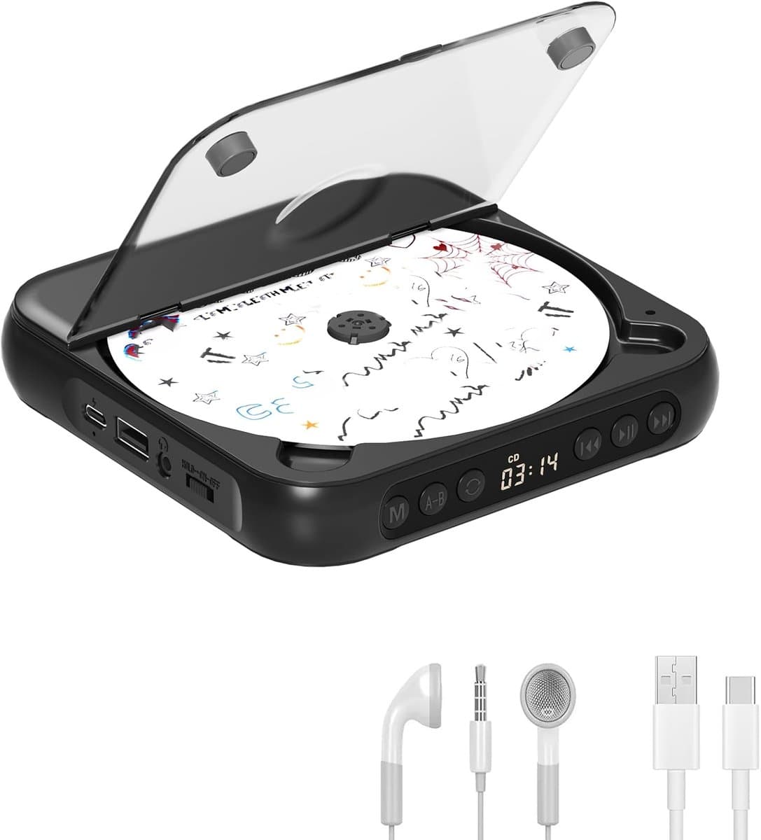 KZQ Draagbare cd-speler met Bluetooth 5.3 – zwart, 2000 mAh, ondersteunt CD/USB/SD/AUX, voor thuis en reis — afbeelding 1