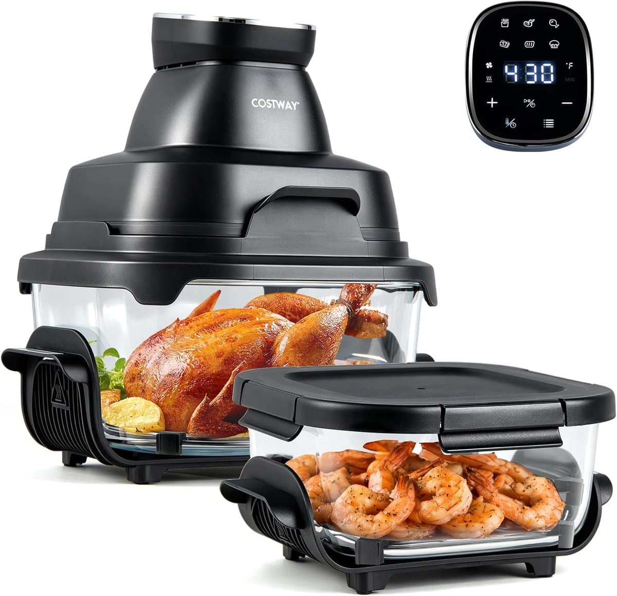 COSTWAY Draagbare Air Fryer heteluchtfriteuse 4 l/1,7 l, 6-in-1 Airfryer 1500 W heteluchtfriteuse en bakken, heteluchtfriteuse met 2 uitneembare glazen containers en deksel, voor camping, thuis (zwart) — afbeelding 1