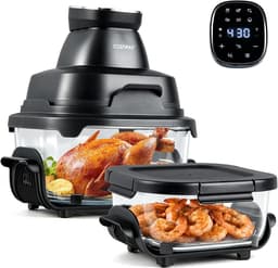 COSTWAY Draagbare Air Fryer heteluchtfriteuse 4 l/1,7 l, 6-in-1 Airfryer 1500 W heteluchtfriteuse en bakken, heteluchtfriteuse met 2 uitneembare glazen containers en deksel, voor camping, thuis (zwart) — thumbnail 1
