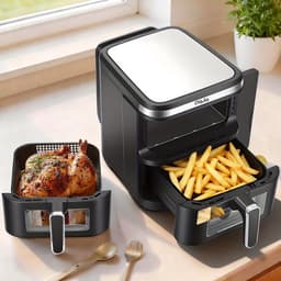 Airfryer – Heteluchtfriteuse – Dubbele Mand – Dubbele Lade – XXL Heteluchtoven – 11L Capaciteit – Verticaal Stapelbaar – PFAS-vrij – 2800W – 10 Kookprogramma’s – Sync & Match Functie — thumbnail 7
