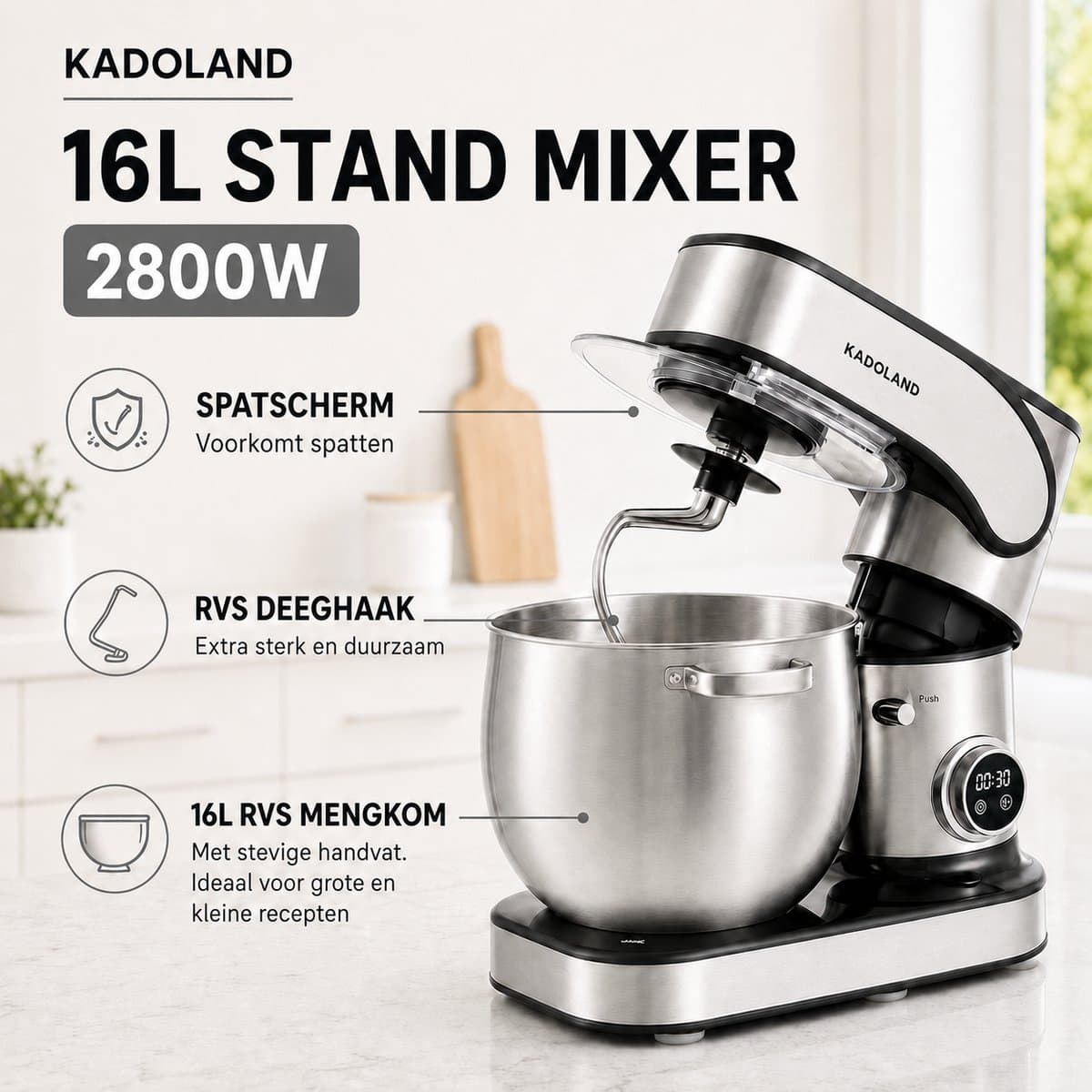 Kadoland® 16L Stand Mixer – Professionele Keukenmachine voor Zwaar Deeg – 12 Snelheden – RVS Mengkom – Inclusief Accessoires — afbeelding 1