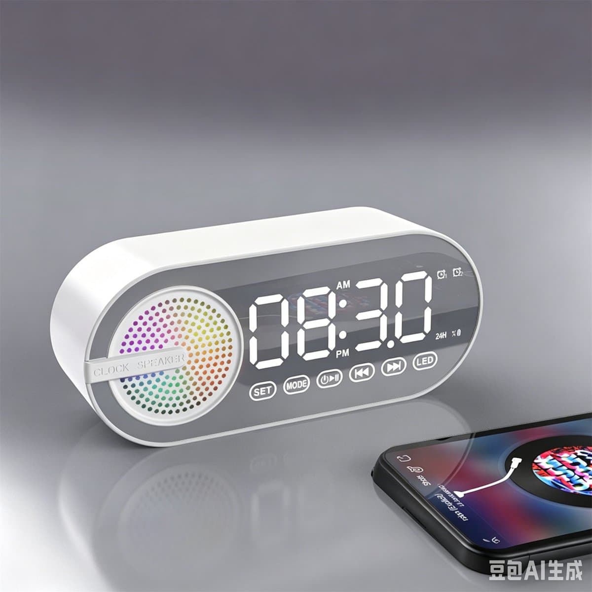 4-in-1 draadloze Bluetooth luidspreker wekker – Draagbare Bluetooth speaker, digitale klok, FM-radio, spiegelscherm, USB-opladen, RGB-verlichting – Geschikt voor thuis, buiten, kantoor & reizen – Wit — afbeelding 1