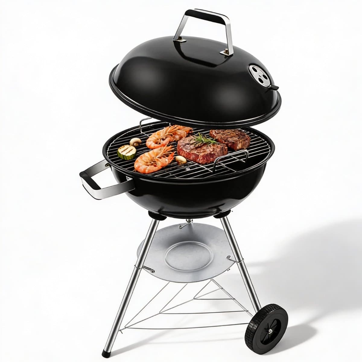Houtskool Barbecue Met Deksel Voor Authentieke BBQ Smaak – Houtskoolbarbecue Op Wielen Met Stevig Metaal Design Voor Eenvoudig Verplaatsen – Kogelbarbecue Rond 51 x 47 x 78 cm Voor Tuin, Balkon en Camping | Zwart Design Met Optimale Warmteverdeling — afbeelding 1