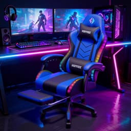 Hoffree RGB LED Gamingstoel met Bluetooth Speaker – Ergonomische Bureaustoel met Massagefunctie, Voetsteun & 180° Verstelbare Rugleuning – Comfortabele Computerstoel voor Gamers & Thuiswerkers – Blauw — thumbnail 2