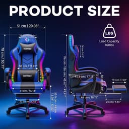 Hoffree RGB LED Gamingstoel met Bluetooth Speaker – Ergonomische Bureaustoel met Massagefunctie, Voetsteun & 180° Verstelbare Rugleuning – Comfortabele Computerstoel voor Gamers & Thuiswerkers – Blauw — thumbnail 4