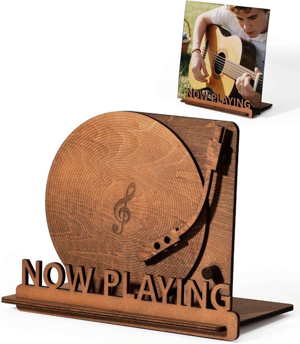 Vinyl Platenhouder - LP Standaard - Now Playing Vinyl Display - Albumhouder - Vinylplaten Opslag - Spiraalgroef Textuur - LP Vinyl Houder - Rustiek Woonaccessoire - Vinyl Liefhebbers Cadeau - Platenstandaard - LP Accessoires - Zwart — afbeelding 1