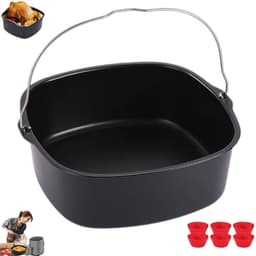 Accessoires voor de airfryer - vierkante antiaanbak bakvorm - Ongeveer 17,78 cm - Vierkante bakvorm voor airfryer - Zwart - Roestvrijstalen bakvorm - Inclusief 6 mokken - Herbruikbare bakvorm - Broodbakmand — thumbnail 1
