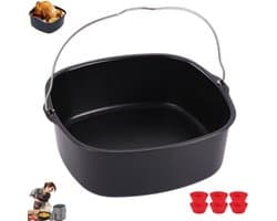 Accessoires voor de airfryer - vierkante antiaanbak bakvorm - Ongeveer 17,78 cm - Vierkante bakvorm voor airfryer - Zwart - Roestvrijstalen bakvorm - Inclusief 6 mokken - Herbruikbare bakvorm - Broodbakmand