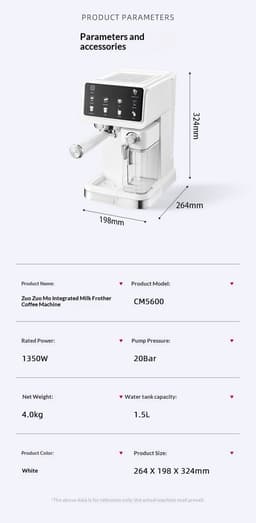 BlitzHome CM5600 1350W Automatische Espressomachine met Melkopschuimer, 20 Bar Pomp, 6 Koffiemodi, Automatisch Reinigingssysteem, Slim Scherm voor Thuis of Café, Wit — thumbnail 2