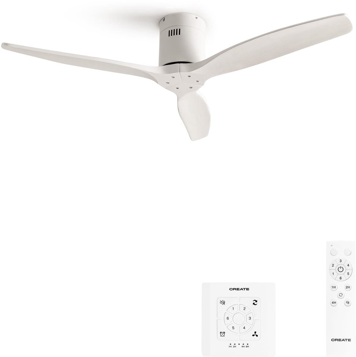 CREATE - Plafondventilator 40W silent Ø132 cm - Met Verlichting drie temperaturen - Met Wandregelaar - Met Afstandsbediening - 6 Snelheden - Timer - Zomer/Winter functie - Wit - WIND CALM — afbeelding 1