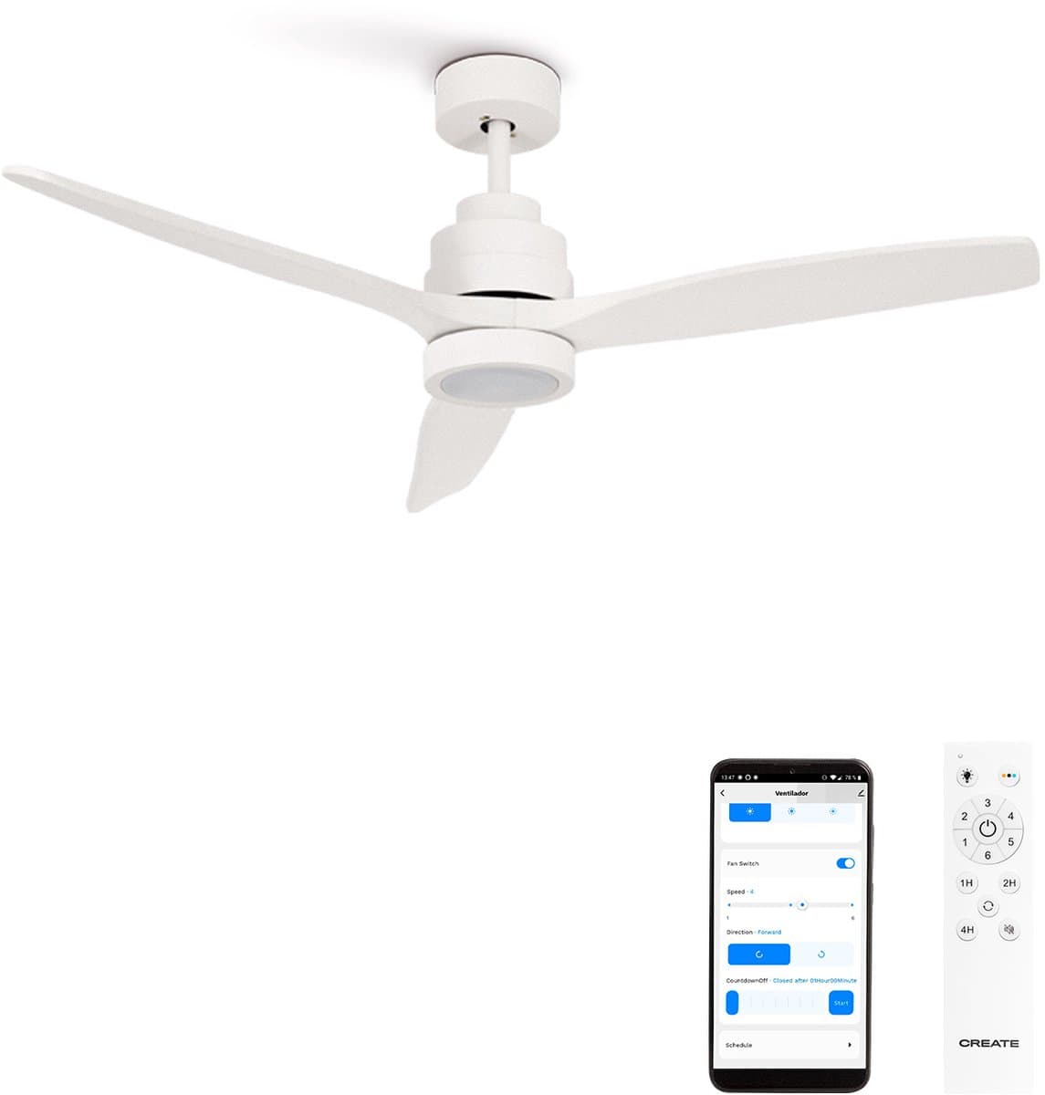 CREATE - Plafondventilator 40W silent 100% hout - Wit - Ø112cm - Met licht - WIFI + Afstandsbediening - WIND STYLANCE — afbeelding 1