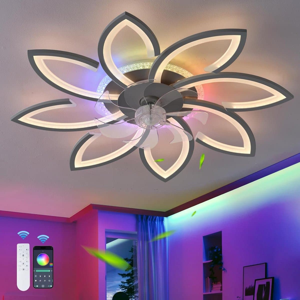 8 Bloem Ventilator Lamp - RGB 12 Kleuren - Zwart - Moderne Plafondlamp Ventilator - 6 Standen - Wit - Dimbaar - Plafondventilator — afbeelding 1