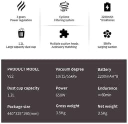 Glowstride - Draadloze stofzuiger - Steelstofzuiger - Slimme LED-functies - Verwijderbare Accu - 650W - display voor vloertapijt dierenhaar — thumbnail 5