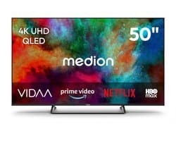 MEDION 125.7 cm 50" QLED Ultra HD TV Smart TV Dolby Vision HDR Dolby Atmos VIDA Store Prime Video Disney+ DAZN HbbTV PVR Bluetooth HD+, MD850602