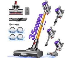 Authmic Steelstofzuiger Draadloos - 35.000Pa Zuigkracht - 6-in-1 Multifunctioneel Ontwerp - 6*2200mAh - 50 Min - GreenEye Technologie - Wandbeugel - Geschikt voor Huisdierharen, Tapijt en Harde Vloeren - Purpergoud