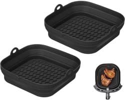 Airfryer Bakje - 2 Stuks - Heteluchtfriteuse Bakvorm - Bakplaat - Siliconen - Bakpapier Alternatief - Opvouwbaar - Herbruikbaar - Airfryer Accesoires - voor Magnetron, Oven, Koelkast - 21*20.3*5cm - Zwart