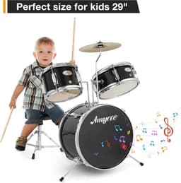 Compleet 3-Delig Kinder Drumstel - Zwart - Inclusief Krukje, Pedaal en Drumstokken - Voor Beginners — thumbnail 3