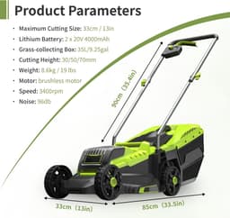 Elektrische Grasmaaier - Accu Grasmaaier - Gazon Onderhoud - Borstelmotor 40V - 33 cm Snijdbreedte - Groen Zwart — thumbnail 5