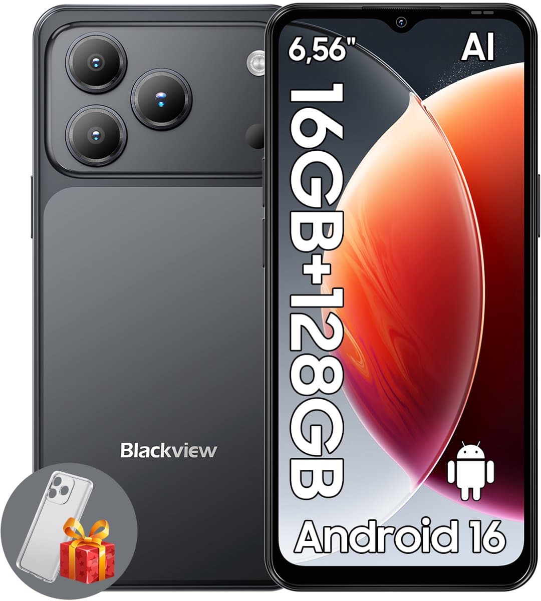 Blackview WAVE 7C Smartphone - 4G AI - DUAL SIM - 16GB RAM - 128GB ROM - Android 16 Telefoon - 6,56 inch - 5000mAh - GPS - Zwart — afbeelding 1
