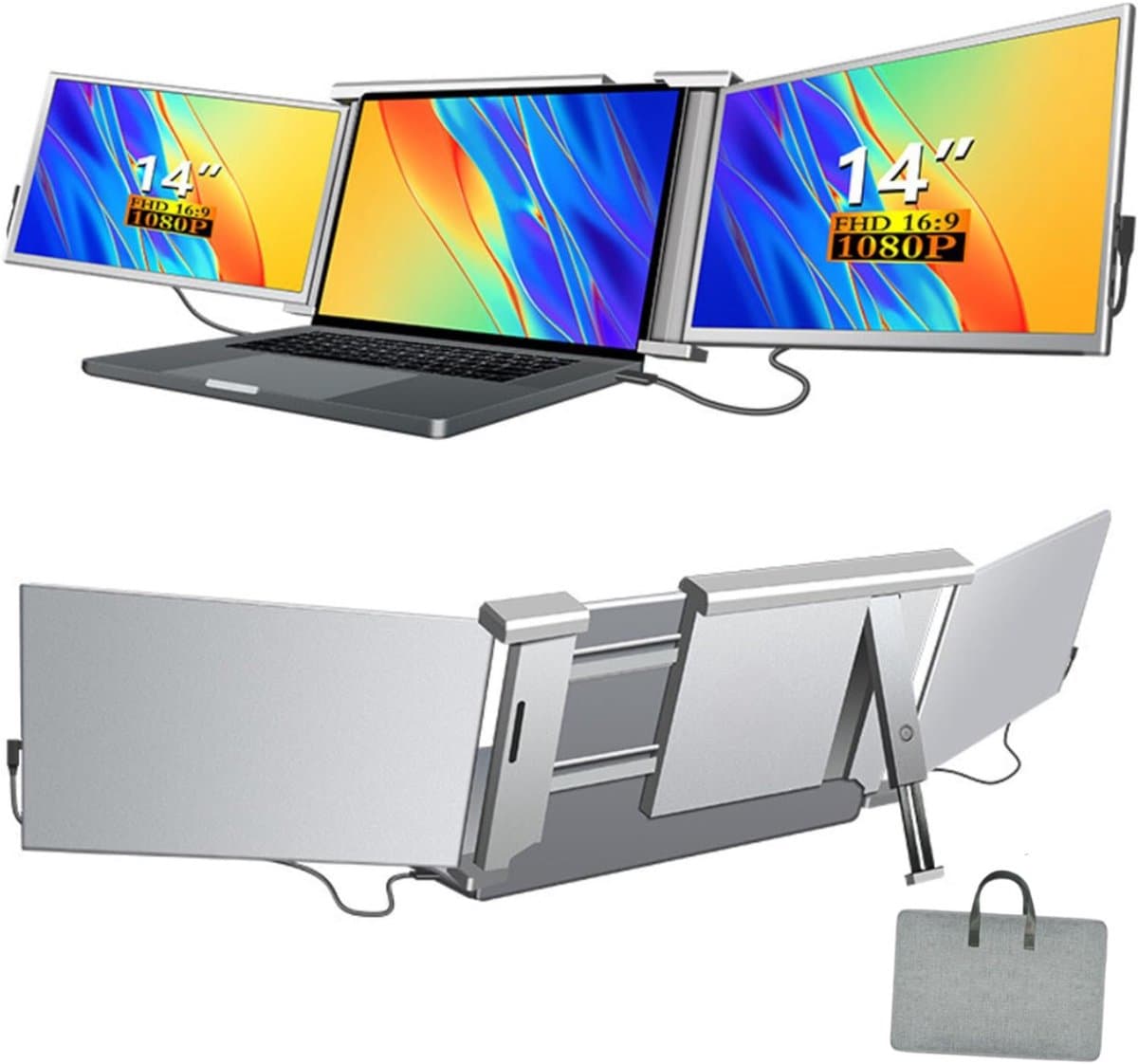 YOR® Professionele Portable Monitor Pro 2024 - Full HD - 13” / 16,5” Tri-Screen - Laptop Scherm Uitbreider - Inclusief Beschermhoes en Kabels - Krachtig - Zilver - 4cm x 34cm x 23cm — afbeelding 1