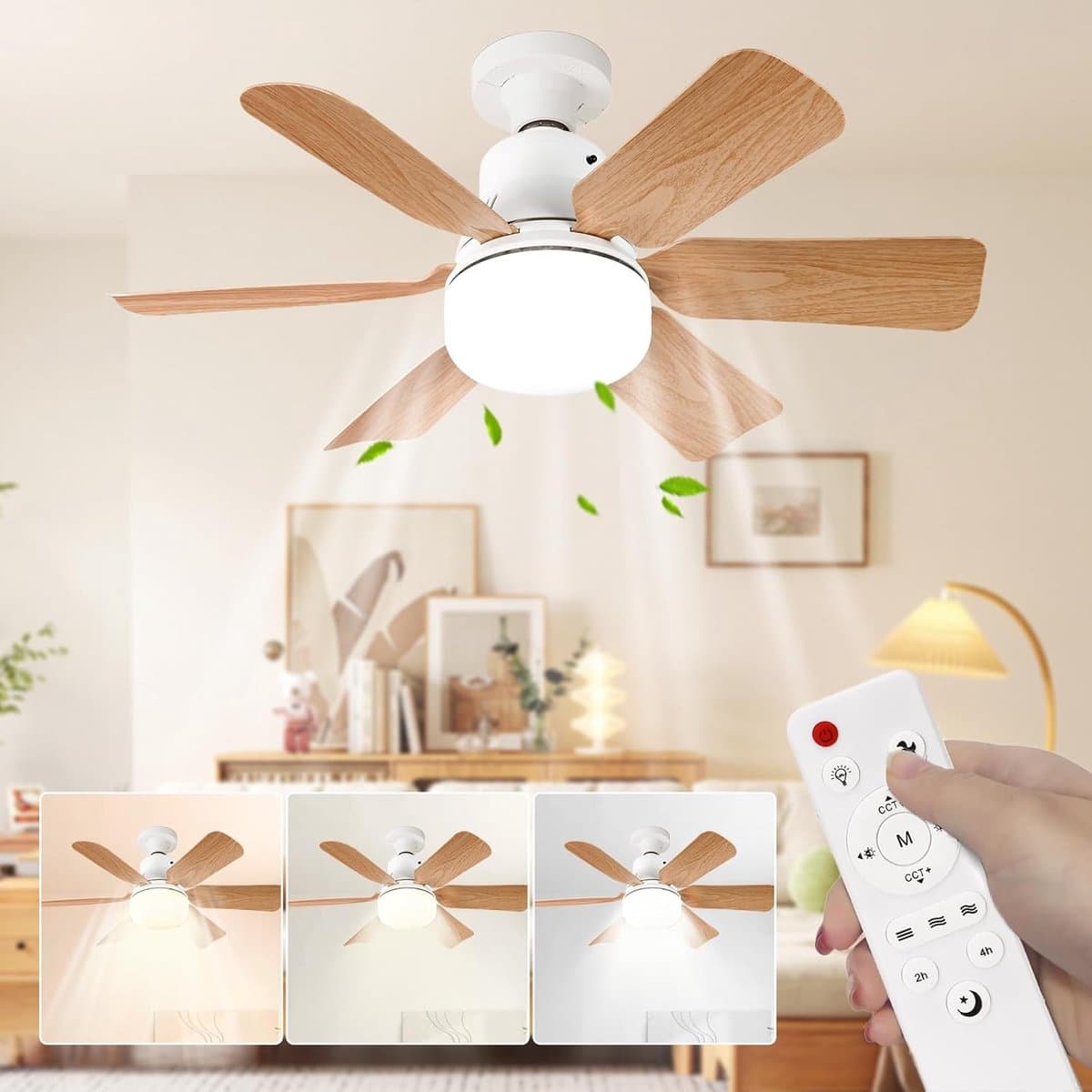Plafondventilator met geïntegreerde verlichting, afstandsbediening, 51 cm, slaapkamerkroonluchter, houtnerfafwerking, drie snelheden, traploze helderheids- en kleurtemperatuurregeling voor slaapkamers, balkons, gangen en woonkamers [Energieklasse A] — afbeelding 1