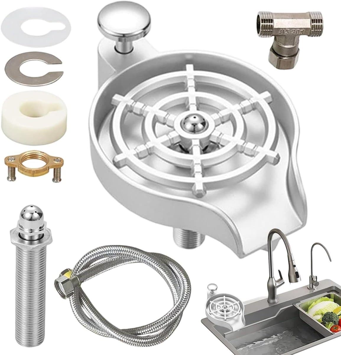 Glazenspoeler Aanrecht - Bekerwasmachine Flessenreiniger - Efficiënt Reinigen - Hogedruk Waterstraal - 11.9 x 14.3 x 11.9 cm - Zilver — afbeelding 1