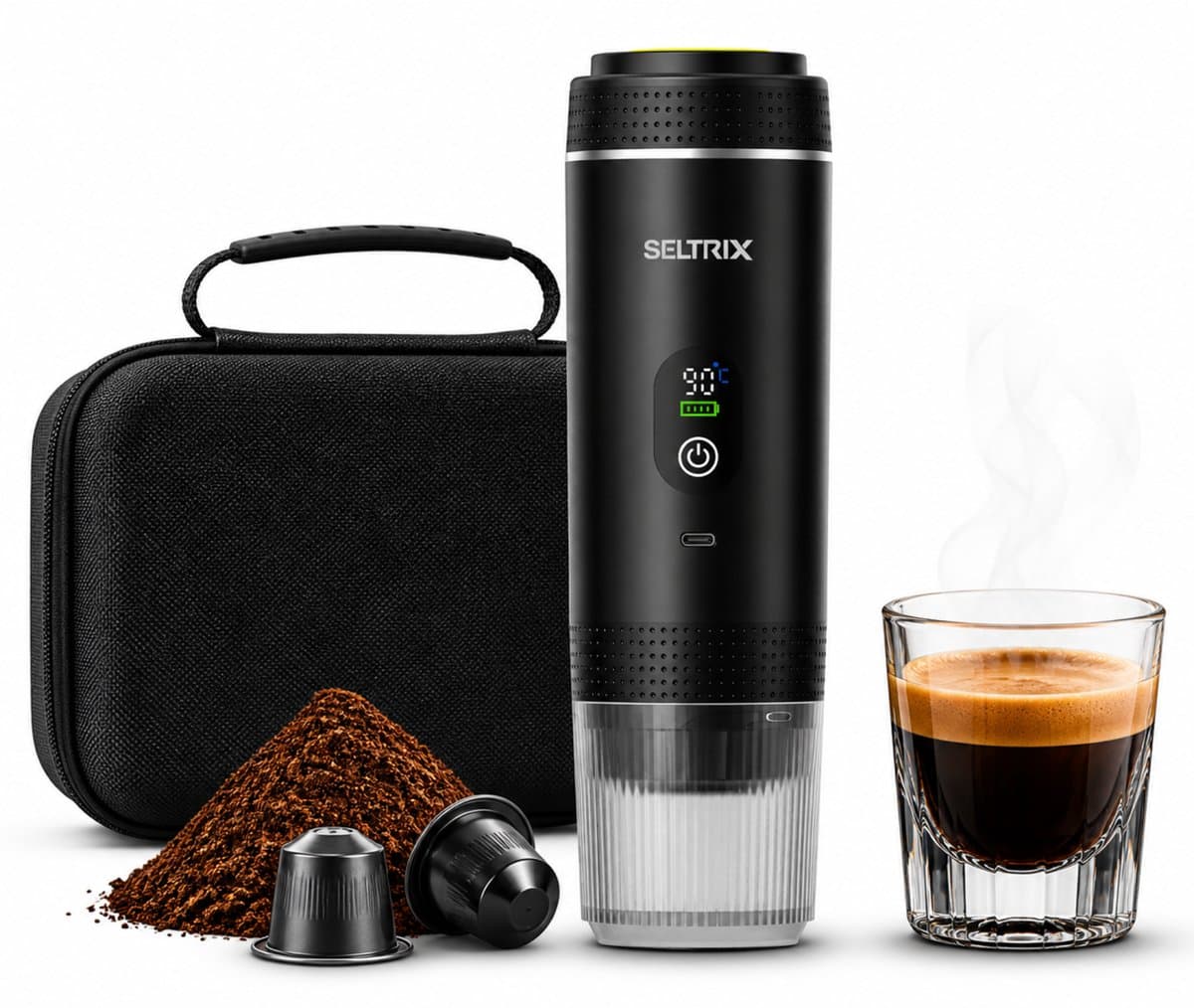 Draagbare Koffiemachine - 20 Bar - Espressomaker voor Onderweg - Inclusief Beschermhoes - 150 ml - 7500 mAh Oplaadbaar - Draagbaar koffiezetapparaat - Cups & Gemalen Koffie - Camping & Reizen - Espresso & Lungo - Seltrix - Zwart — afbeelding 1