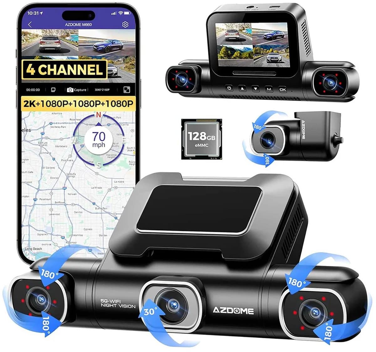 AZDOME M660 2K 4CH 360° Dash Cam - 4 Camera's (voor + achter + links + rechts), Ingebouwde 128GB eMMC & Auto Parkeermodus, GPS, 5G WiFi, 3" Touchscreen, G-Sensor & IR Nachtzicht - Auto Beveiliging - Haarscherpe Nachtzicht - Dashcam Auto 2026 Model — afbeelding 1