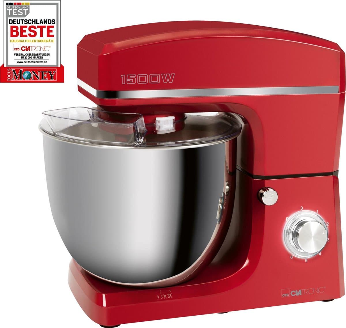 Clatronic KM 3765 kneedmachine, 1500 W, 8 snelheden, 10 liter roestvrijstalen kom voor max. 6-6,5 kg, spatdeksel met navulopening, rood — afbeelding 1