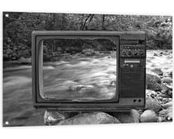 Tuinposter – Televisie op Stenen bij Rivier - 120x80cm Foto op Tuinposter  (wanddecoratie voor buiten en binnen)