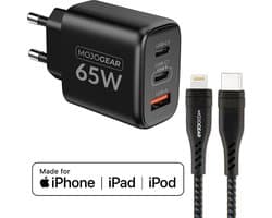 MOJOGEAR CHARGE+ iPhone oplader - 65 Watt snellader met Lightning naar USB-C kabel - Kabel van 15, meter — Geschikt voor snelladen iPhone 11/12/13/14 via USB Power Delivery — Laptop/Smartphone/Tablet oplader met 2x USB-C en 1x USB — Zwart
