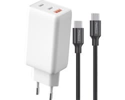 USB C Adapter 3 Poorten + USB C naar USB C Kabel - GaN 65W Snellader USB-C - 1 Meter Lang - USB C Stekker Lader Oplader