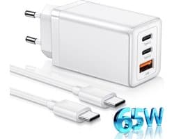 65W GaN 3 Poorten USB C Power Adapter met Rubberen USB C naar USB C Kabel 1 Meter Lang - Super Fast Charger 3.0 - 30% Kleiner