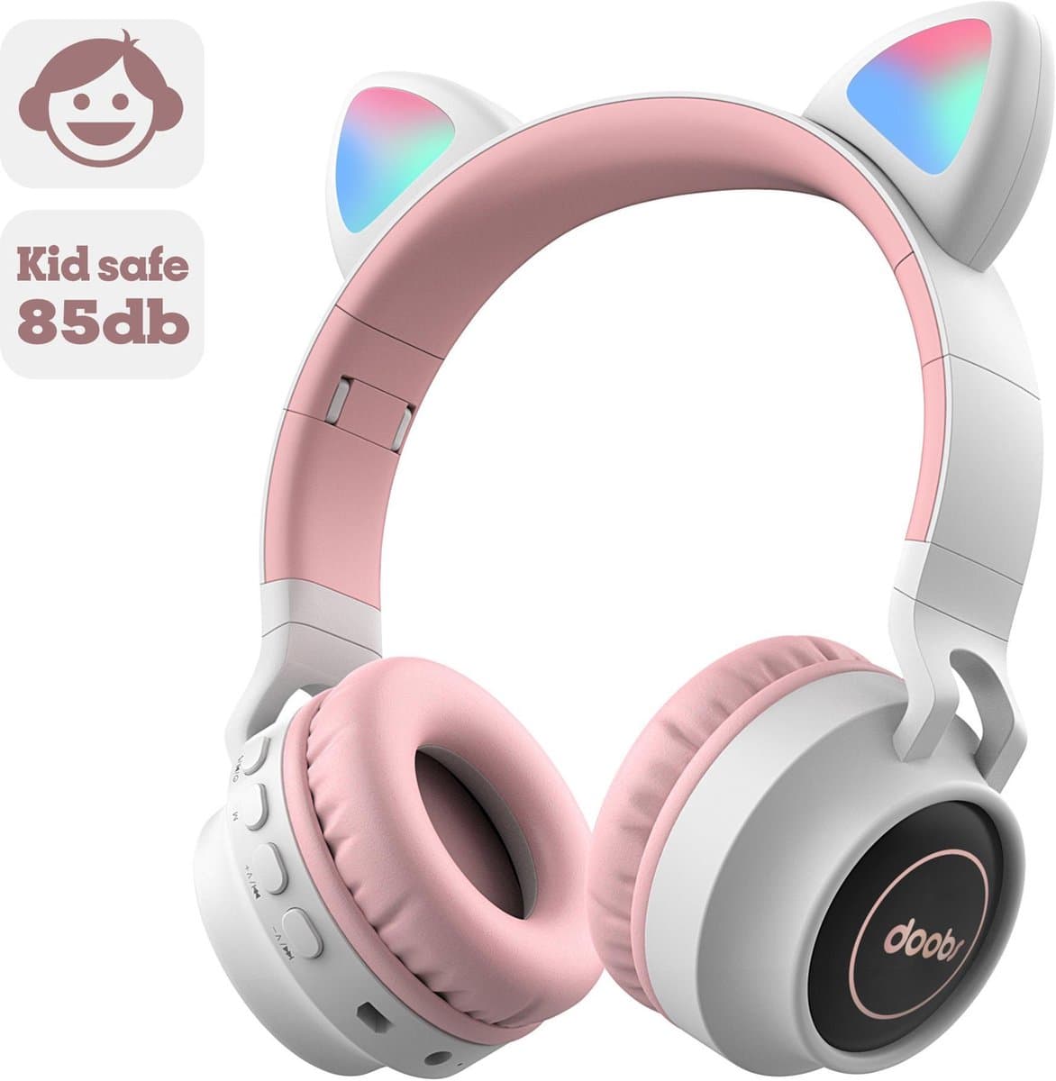 Kinder hoofdtelefoon DOBI by doobs - Draadloze koptelefoon Bluetooth met led kattenoortjes licht grijs - KIDS - VOLUME BEGRENZING - 85DB — afbeelding 1