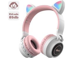 Kinder hoofdtelefoon DOBI by doobs - Draadloze koptelefoon Bluetooth met led kattenoortjes licht grijs - KIDS - VOLUME BEGRENZING - 85DB