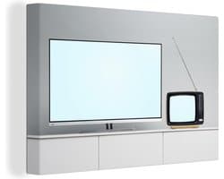 Canvas Schilderij Een flat screen televisie naast een retro televisie - 30x20 cm - Wanddecoratie