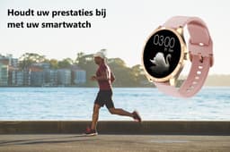 Belesy® BQSiRgPk Pro - Smartwatch Dames – Smartwatch Heren - Horloge - 1.28 inch - Kleurenscherm - Stappenteller - Bloeddruk - Hartslag - 75+ Wijzerplaten – Sporten – Goud – Siliconen – Roze – extra polsband Milanees goud - Kerstcadeau — thumbnail 4