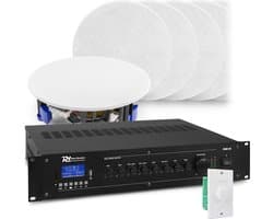 Geluidsinstallatie met Bluetooth, 12x witte inbouw speaker en 100v versterker van Power Dynamics