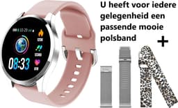 Belesy® BQSiZiPk - Smartwatch Dames - Smartwatch Heren - Horloge - Stappenteller - 1.3 inch - Kleurenscherm - 10x Sporten - INDOOR en OUTDOOR - Zilver - Siliconen - Roze - extra polsband Panterprint en Milanees staal zilver - Moederdag — thumbnail 5