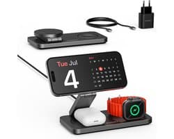 Voomy 3-in-1 Draadloze Oplader (15W Snellader) - Opvouwbaar Oplaadstation - Geschikt voor MagSafe, Apple Watch, Draadloze Oortjes - Wireless Charger - Inclusief Adapter - Zwart