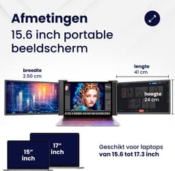 HoriVue Portable Monitor Max 15.6 Inch - Triple Screen - Full HD 60Hz - Extra Scherm Laptop - Draagbare Monitor - Laptop Scherm Uitbreider - Geschikt voor Apple en Windows - Inclusief Beschermhoes en Kabels - Tri Screen - Grijs — thumbnail 3